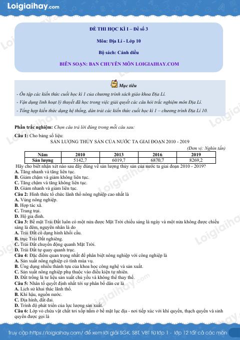 Đề thi học kì 1 Địa lí 10 Cánh diều - Đề số 3